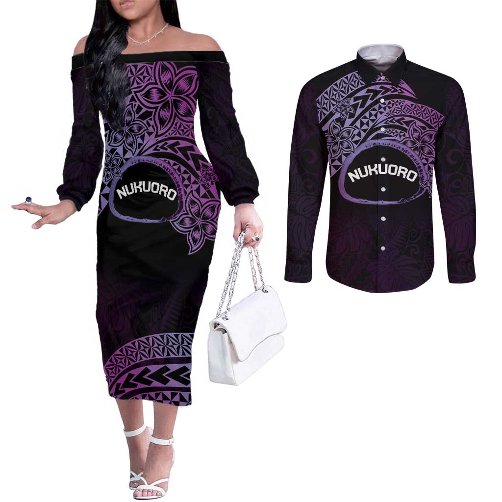 Personalised Pohnpei Nukuoro Micronesia Couples Matching Off The Shoulder Long Sleeve Dress and Long Sleeve Button Shirt Polynesian Tattoo Curves Purple Version