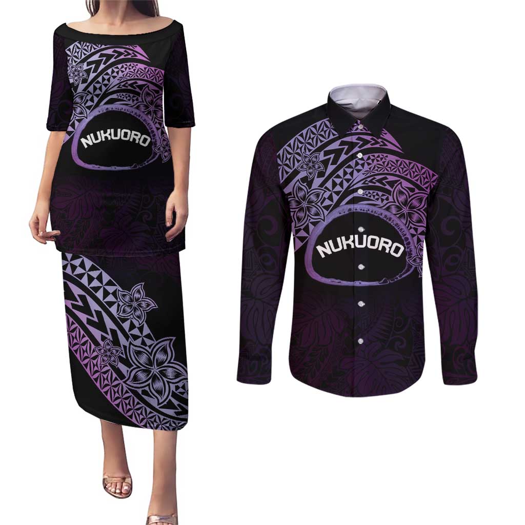 Personalised Pohnpei Nukuoro Micronesia Couples Matching Puletasi and Long Sleeve Button Shirt Polynesian Tattoo Curves Purple Version