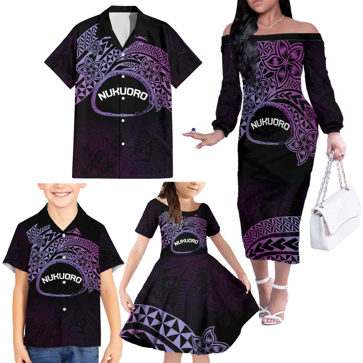 Personalised Pohnpei Nukuoro Micronesia Family Matching Off The Shoulder Long Sleeve Dress and Hawaiian Shirt Polynesian Tattoo Curves Purple Version