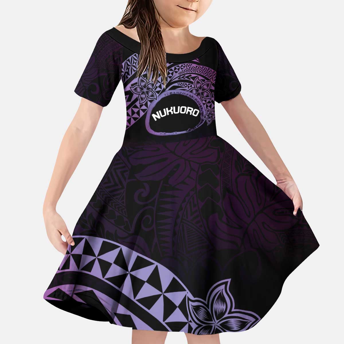 Personalised Pohnpei Nukuoro Micronesia Kid Short Sleeve Dress Polynesian Tattoo Curves Purple Version