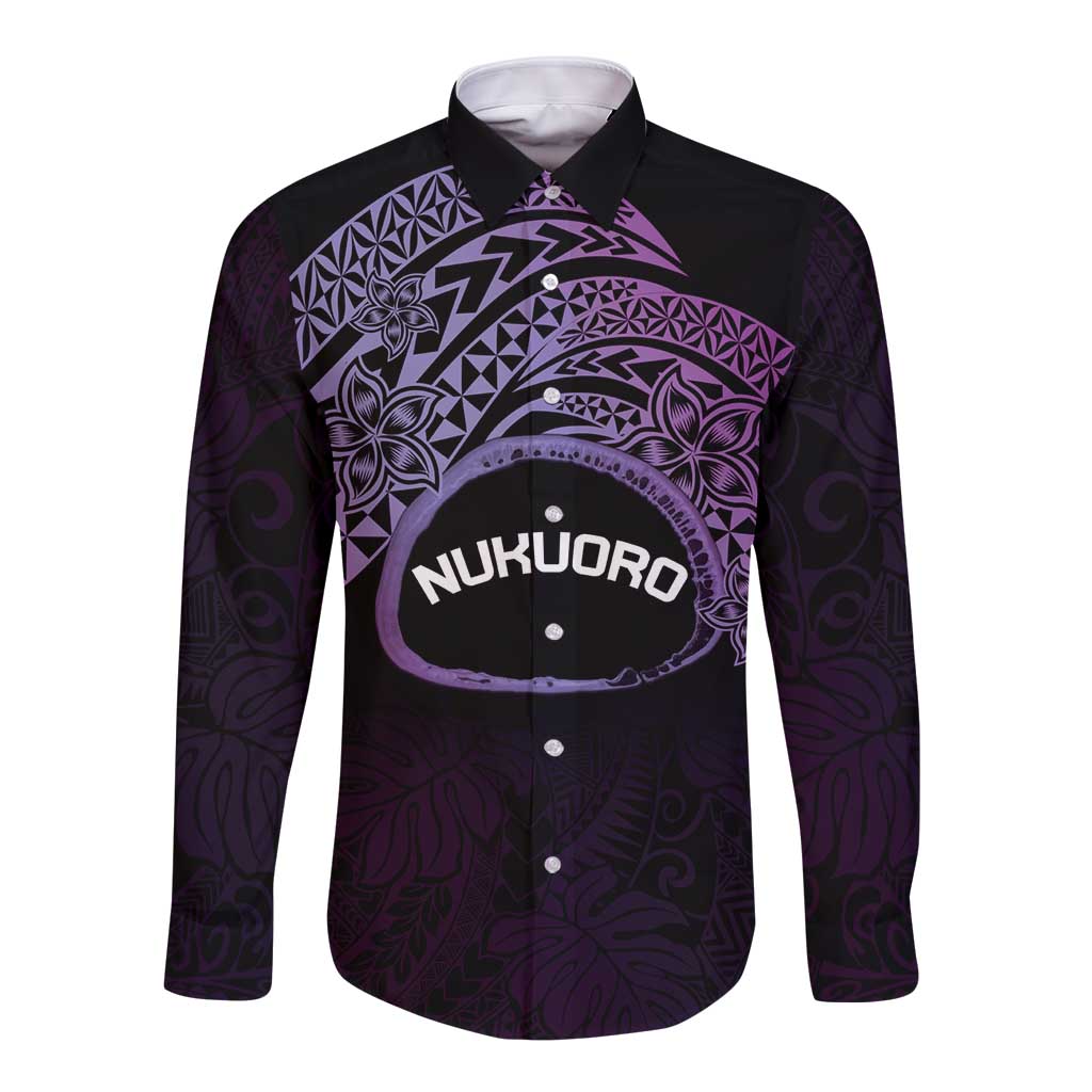 Personalised Pohnpei Nukuoro Micronesia Long Sleeve Button Shirt Polynesian Tattoo Curves Purple Version