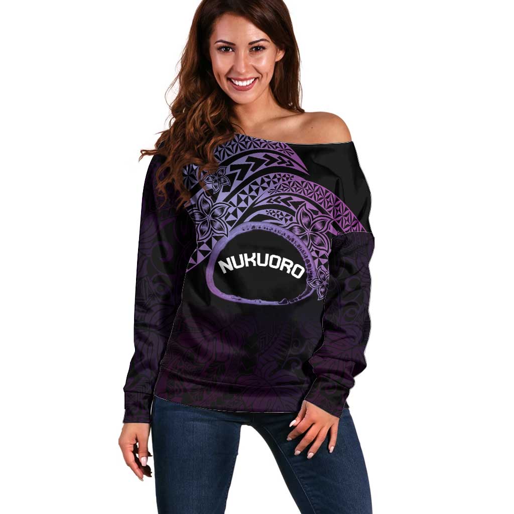 Personalised Pohnpei Nukuoro Micronesia Off Shoulder Sweater Polynesian Tattoo Curves Purple Version