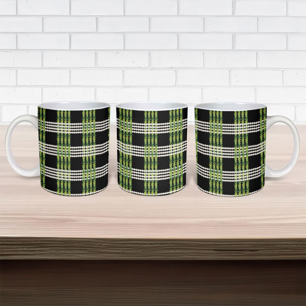 Aloha Hawaii Pakalana Pikake Lei Ceramic Mug Palaka Inspired Hawaiian-plaid Black