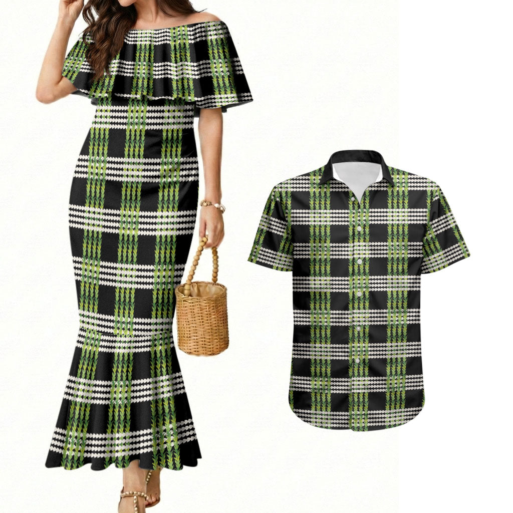 Aloha Hawaii Pakalana Pikake Lei Couples Matching Mermaid Dress and Hawaiian Shirt Palaka Inspired Hawaiian-plaid Black