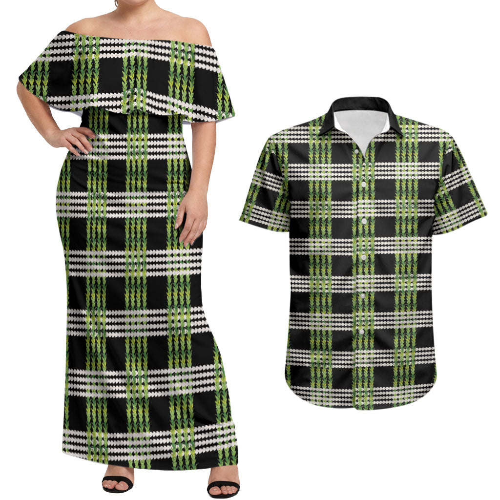 Aloha Hawaii Pakalana Pikake Lei Couples Matching Off Shoulder Maxi Dress and Hawaiian Shirt Palaka Inspired Hawaiian-plaid Black