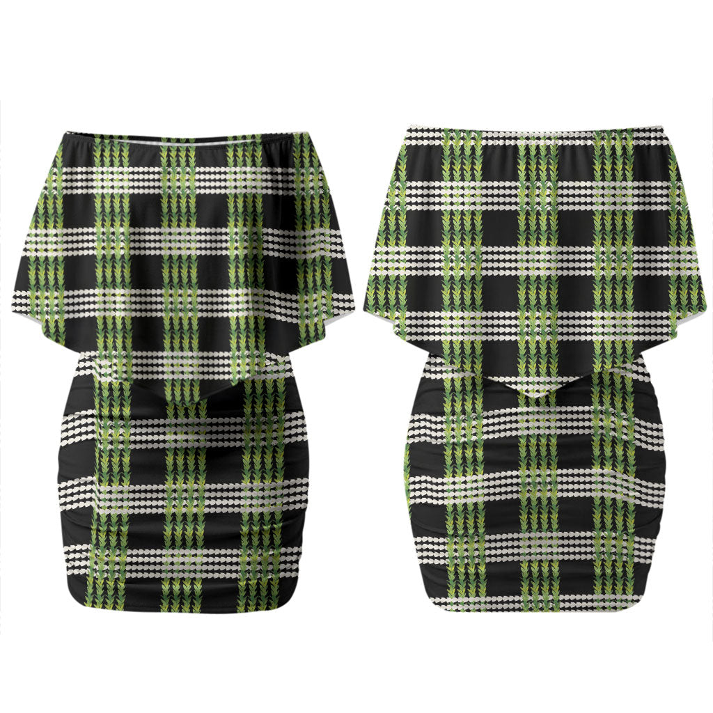 Aloha Hawaii Pakalana Pikake Lei Couples Matching Off Shoulder Short Dress and Long Sleeve Button Shirt Palaka Inspired Hawaiian-plaid Black