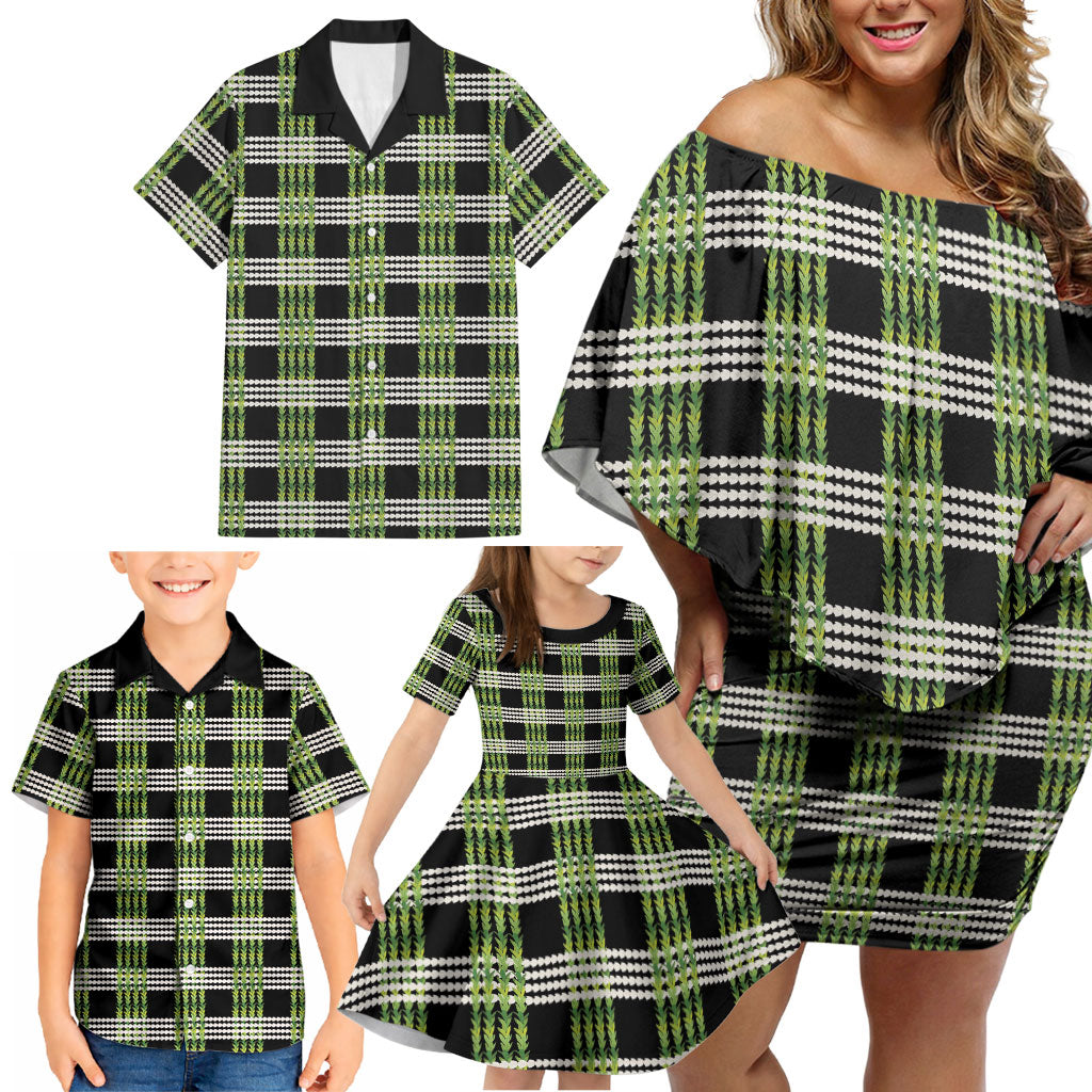 Aloha Hawaii Pakalana Pikake Lei Family Matching Off Shoulder Short Dress and Hawaiian Shirt Palaka Inspired Hawaiian-plaid Black