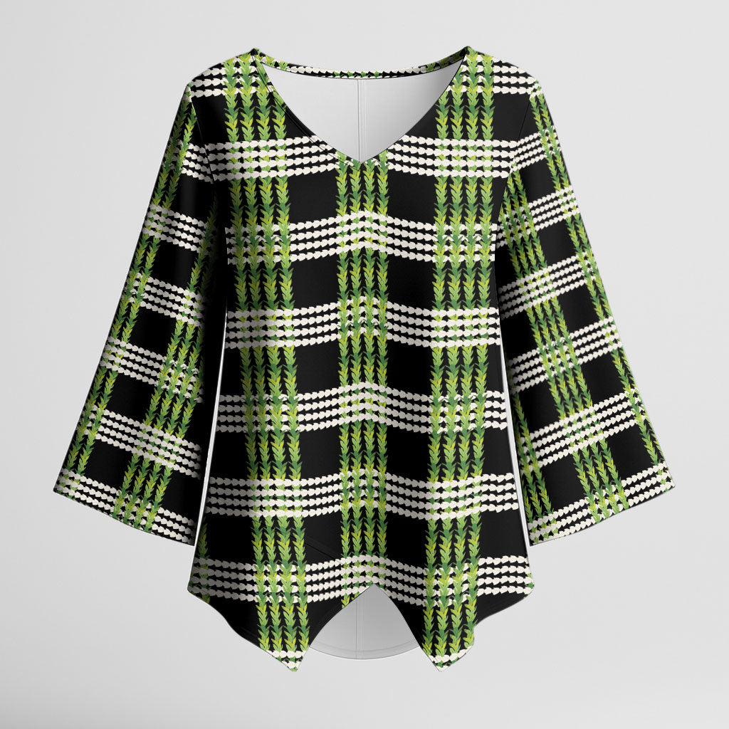 Aloha Hawaii Pakalana Pikake Lei Kimono Sleeve Blouse Palaka Inspired Hawaiian-plaid Black