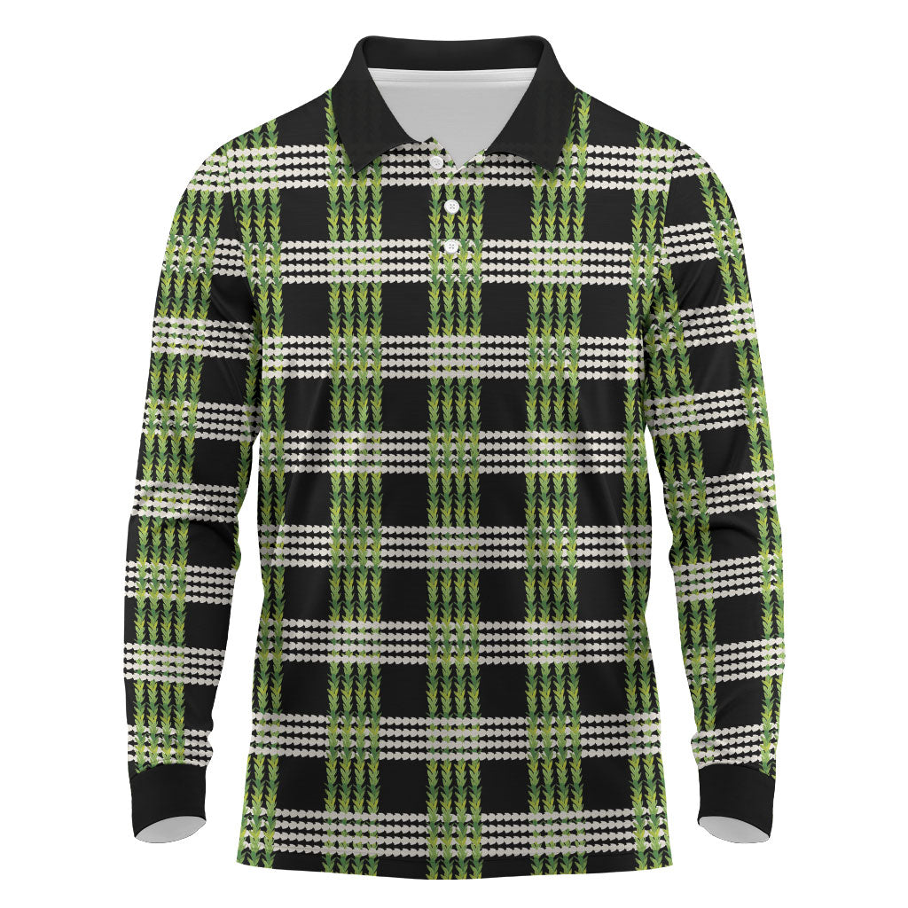 Aloha Hawaii Pakalana Pikake Lei Long Sleeve Polo Shirt Palaka Inspired Hawaiian-plaid Black
