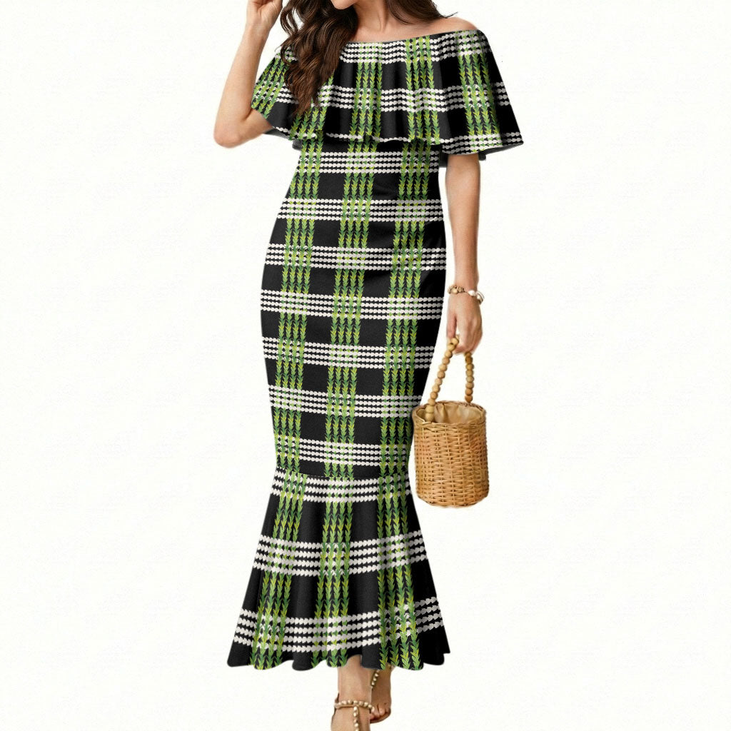 Aloha Hawaii Pakalana Pikake Lei Mermaid Dress Palaka Inspired Hawaiian-plaid Black