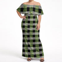 Aloha Hawaii Pakalana Pikake Lei Off Shoulder Maxi Dress Palaka Inspired Hawaiian-plaid Black