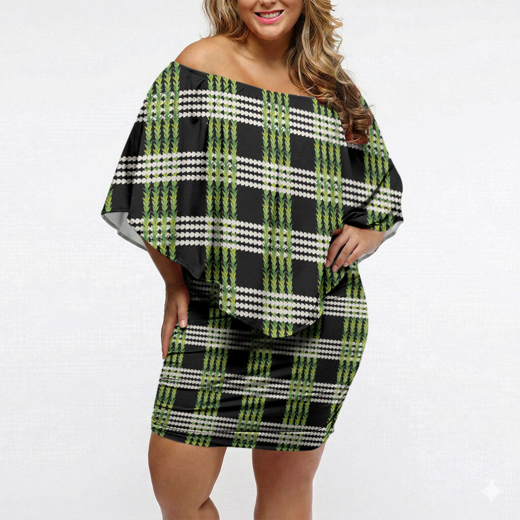 Aloha Hawaii Pakalana Pikake Lei Off Shoulder Short Dress Palaka Inspired Hawaiian-plaid Black LT14 Women Black - Polynesian Pride