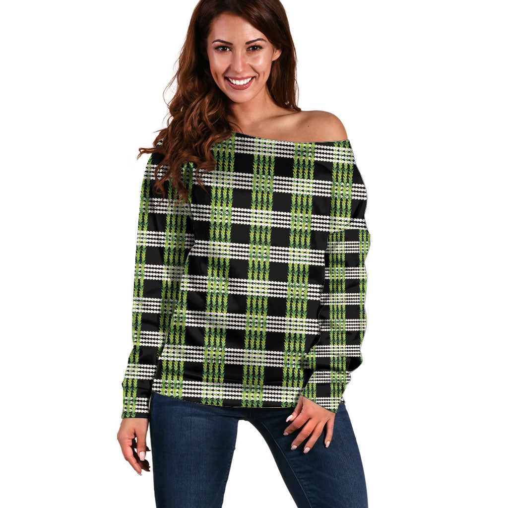 Aloha Hawaii Pakalana Pikake Lei Off Shoulder Sweater Palaka Inspired Hawaiian-plaid Black LT14 Women Black - Polynesian Pride