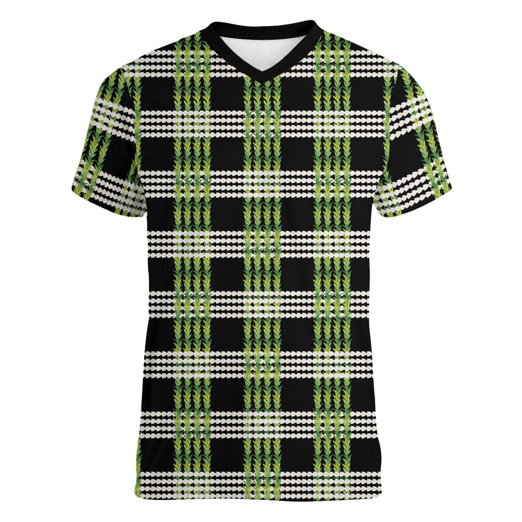 Aloha Hawaii Pakalana Pikake Lei Women V-Neck T-Shirt Palaka Inspired Hawaiian-plaid Black LT14 Female Black - Polynesian Pride