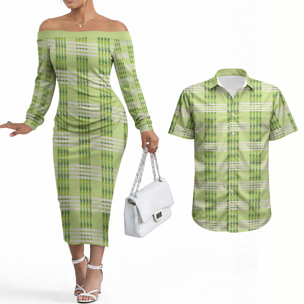 Aloha Hawaii Pakalana Pikake Lei Couples Matching Off The Shoulder Long Sleeve Dress and Hawaiian Shirt Palaka Inspired Hawaiian-plaid Pastel Green