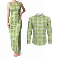 Aloha Hawaii Pakalana Pikake Lei Couples Matching Tank Maxi Dress and Long Sleeve Button Shirt Palaka Inspired Hawaiian-plaid Pastel Green