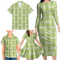 Aloha Hawaii Pakalana Pikake Lei Family Matching Long Sleeve Bodycon Dress and Hawaiian Shirt Palaka Inspired Hawaiian-plaid Pastel Green