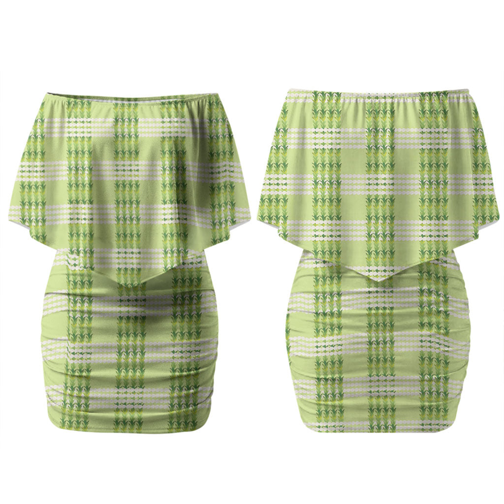 Aloha Hawaii Pakalana Pikake Lei Family Matching Off Shoulder Short Dress and Hawaiian Shirt Palaka Inspired Hawaiian-plaid Pastel Green
