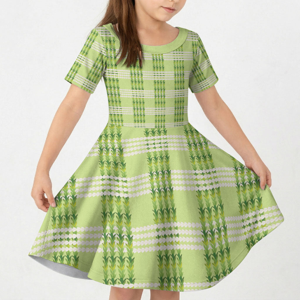 Aloha Hawaii Pakalana Pikake Lei Kid Short Sleeve Dress Palaka Inspired Hawaiian-plaid Pastel Green