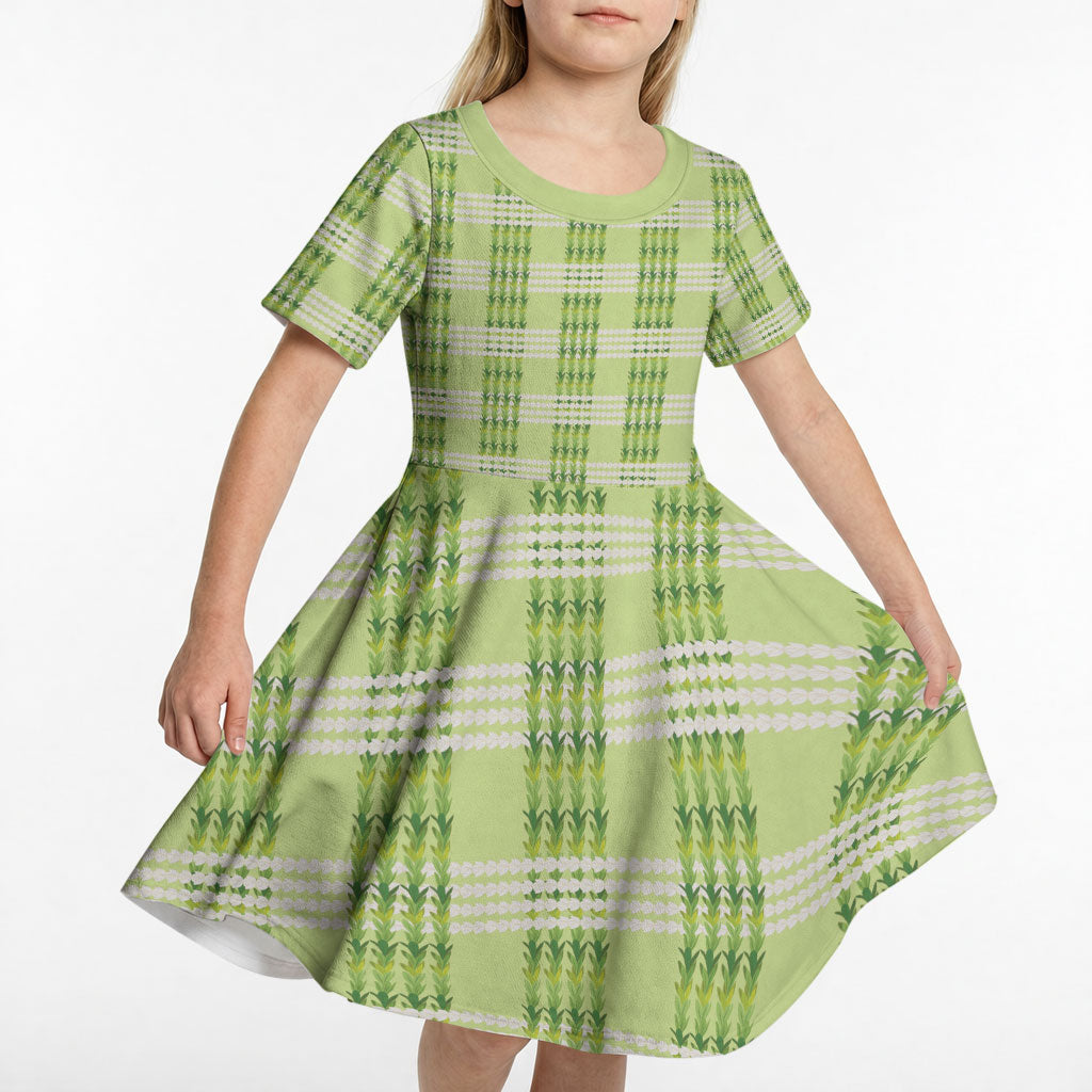 Aloha Hawaii Pakalana Pikake Lei Kid Short Sleeve Dress Palaka Inspired Hawaiian-plaid Pastel Green