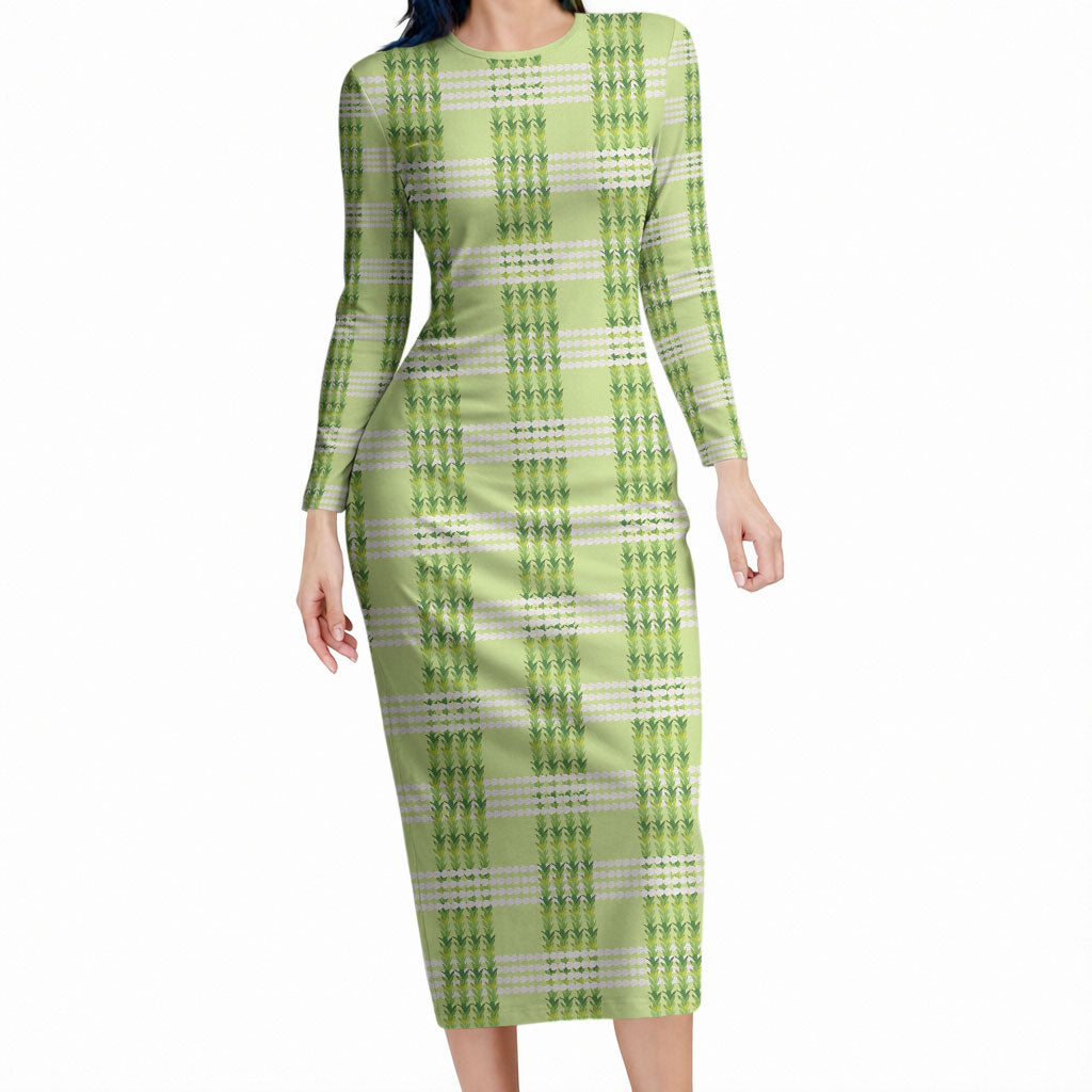 Aloha Hawaii Pakalana Pikake Lei Long Sleeve Bodycon Dress Palaka Inspired Hawaiian-plaid Pastel Green LT14 Long Dress Green - Polynesian Pride