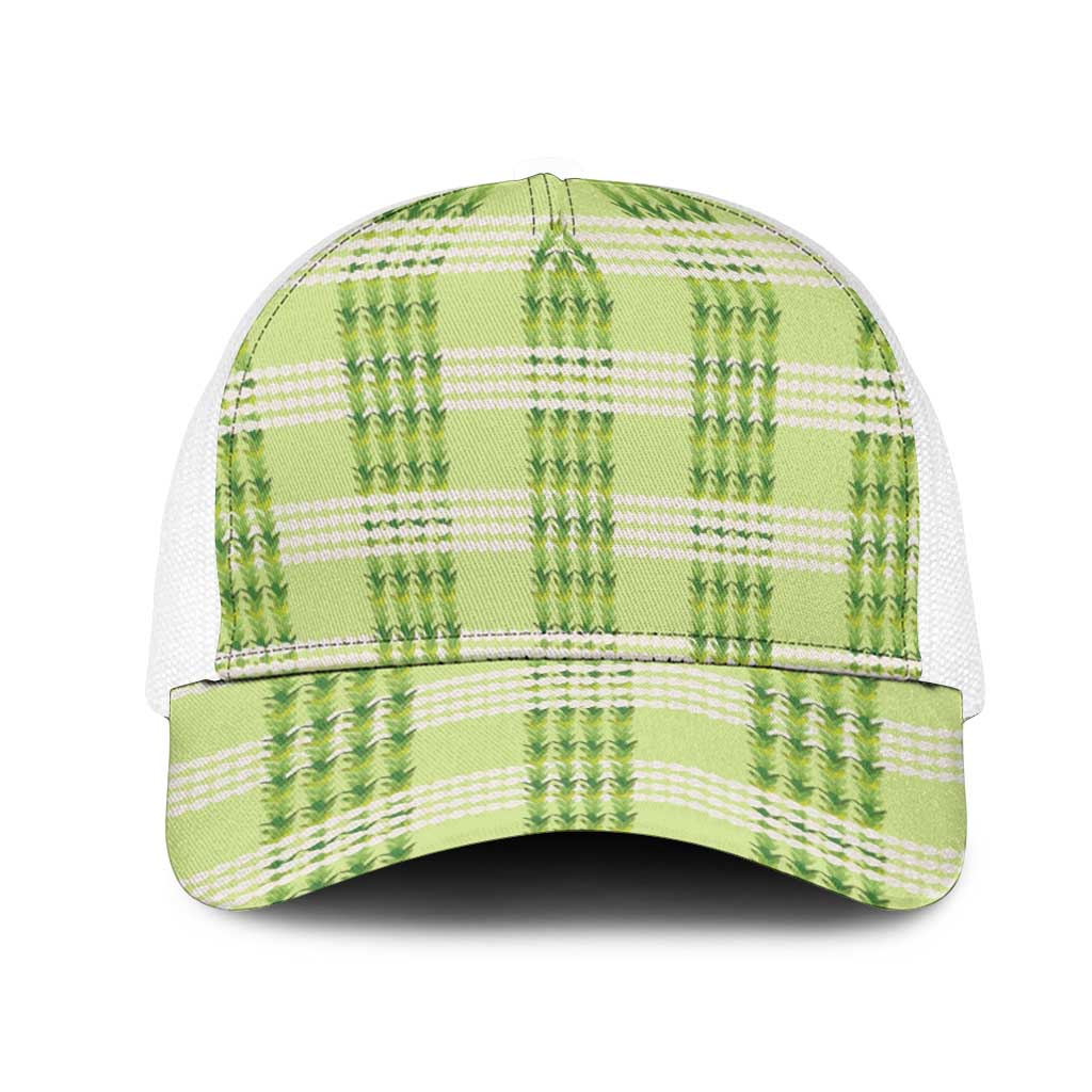 Aloha Hawaii Pakalana Pikake Lei Mesh Trucker Cap Palaka Inspired Hawaiian-plaid Pastel Green LT14 One Size White Green - Polynesian Pride