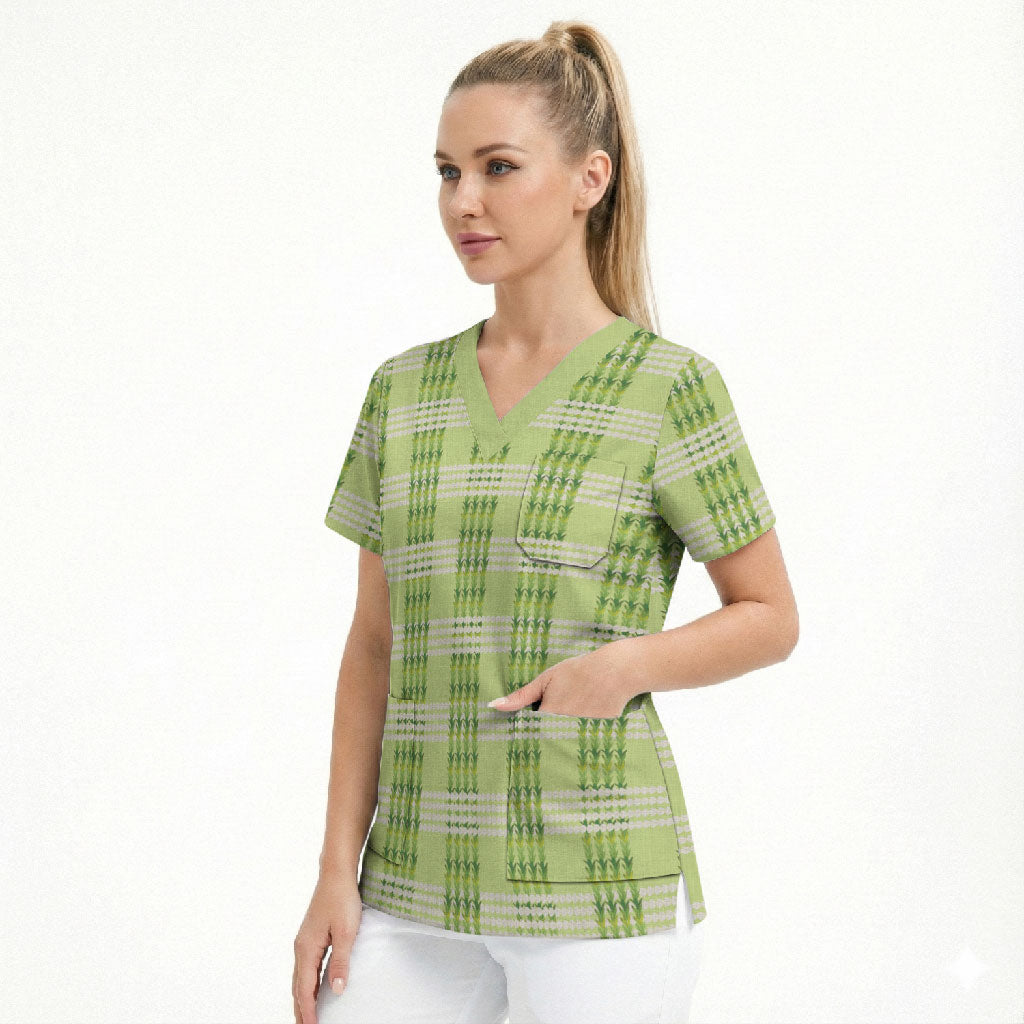 Aloha Hawaii Pakalana Pikake Lei Scrub Top Palaka Inspired Hawaiian-plaid Pastel Green