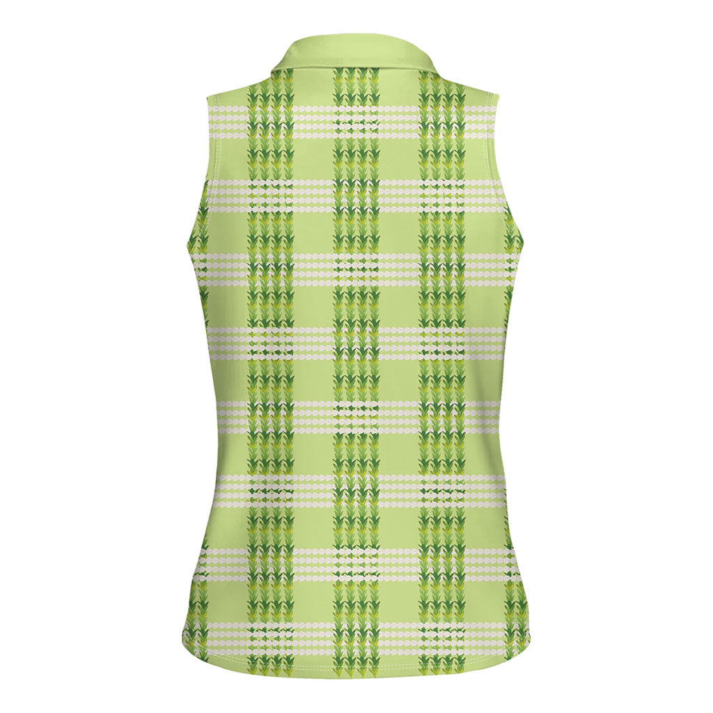 Aloha Hawaii Pakalana Pikake Lei Women Sleeveless Polo Shirt Palaka Inspired Hawaiian-plaid Pastel Green
