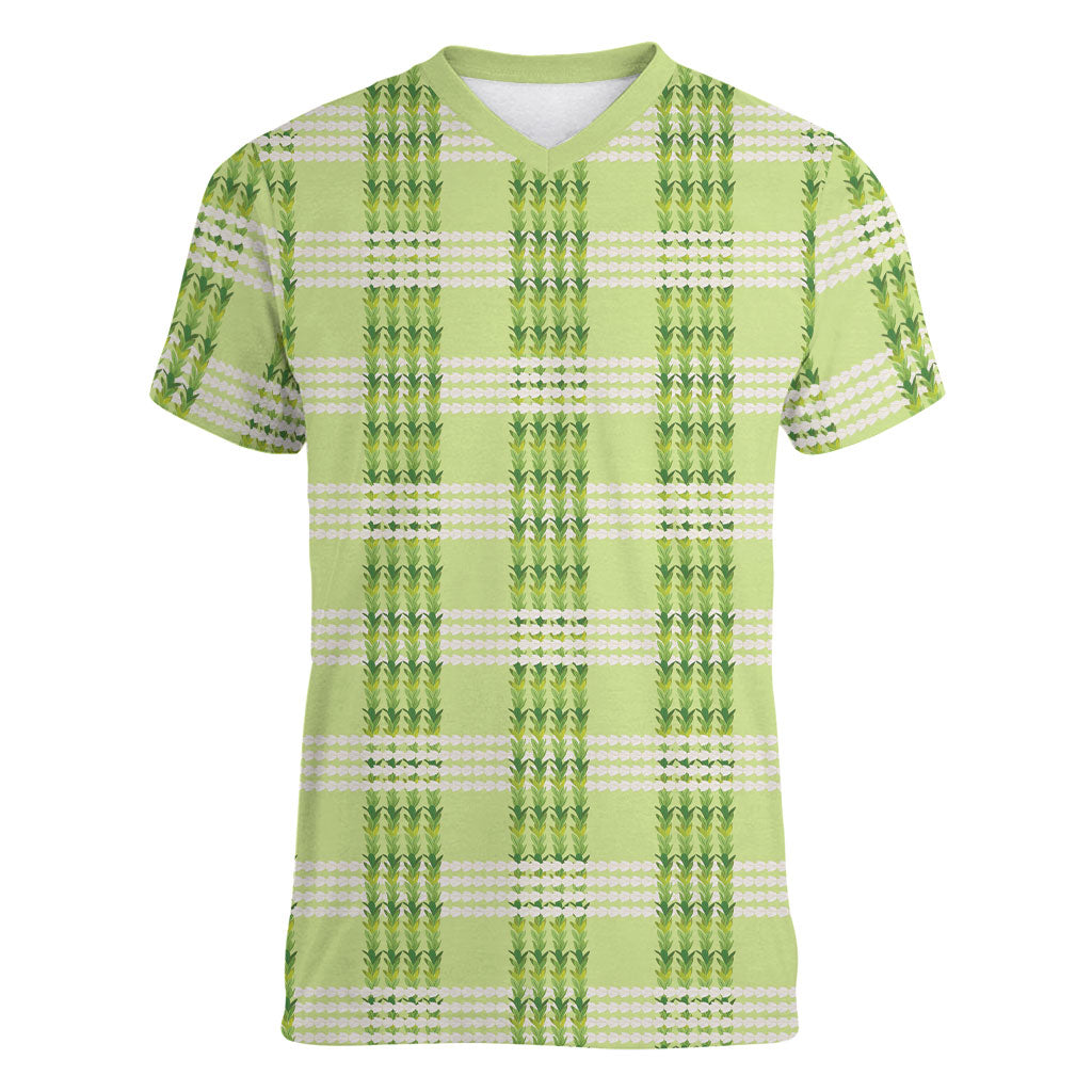 Aloha Hawaii Pakalana Pikake Lei Women V-Neck T-Shirt Palaka Inspired Hawaiian-plaid Pastel Green LT14 Female Green - Polynesian Pride