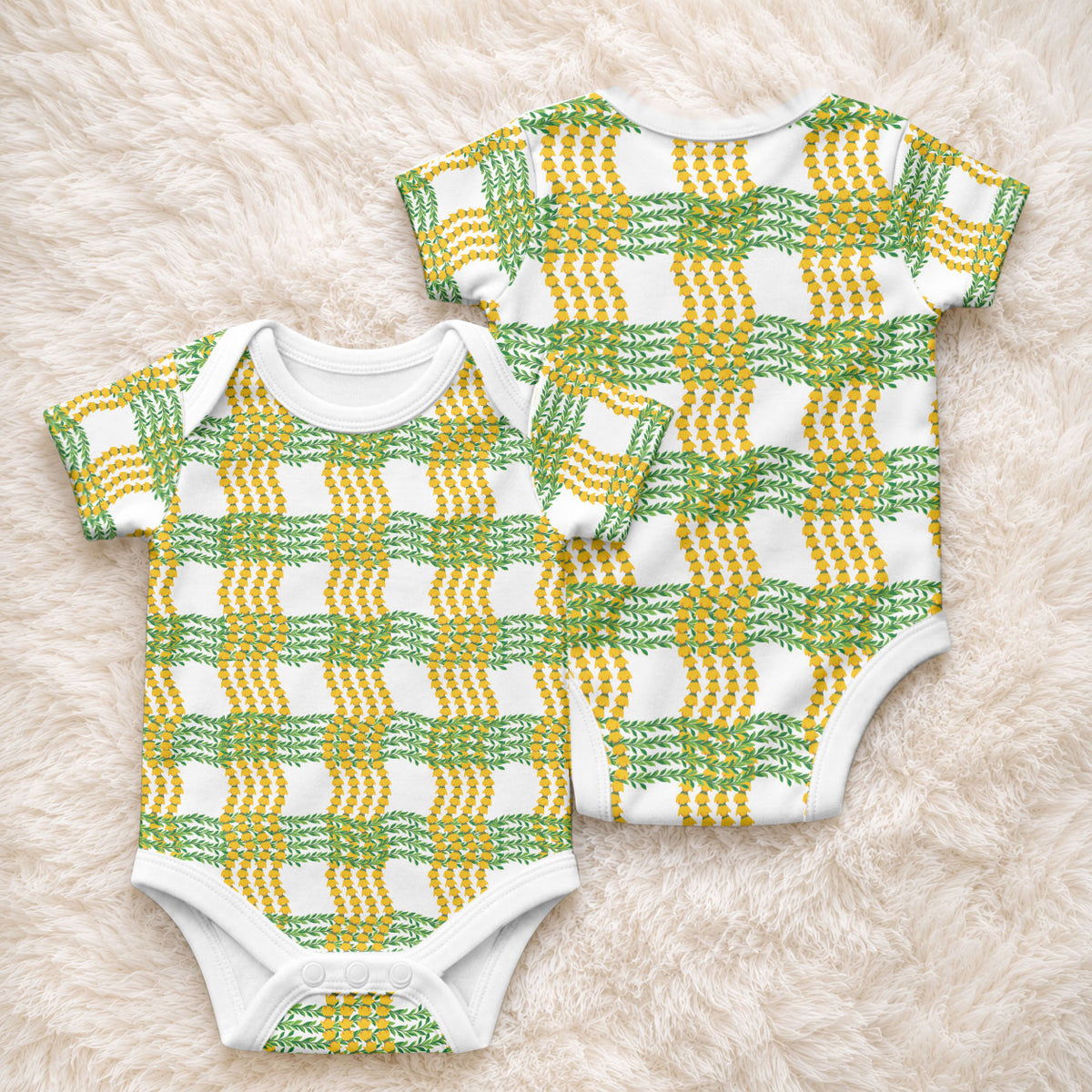Aloha Hawaii Ilima Maile Lei Baby Onesie Palaka Inspired Hawaiian-plaid White