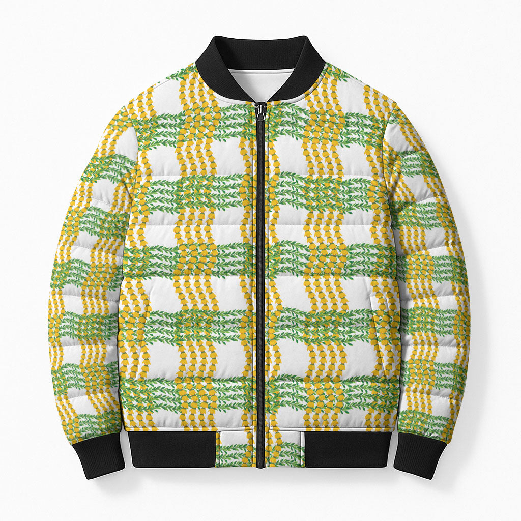 Aloha Hawaii Ilima Maile Lei Bomber Puffer Jacket Palaka Inspired Hawaiian-plaid White