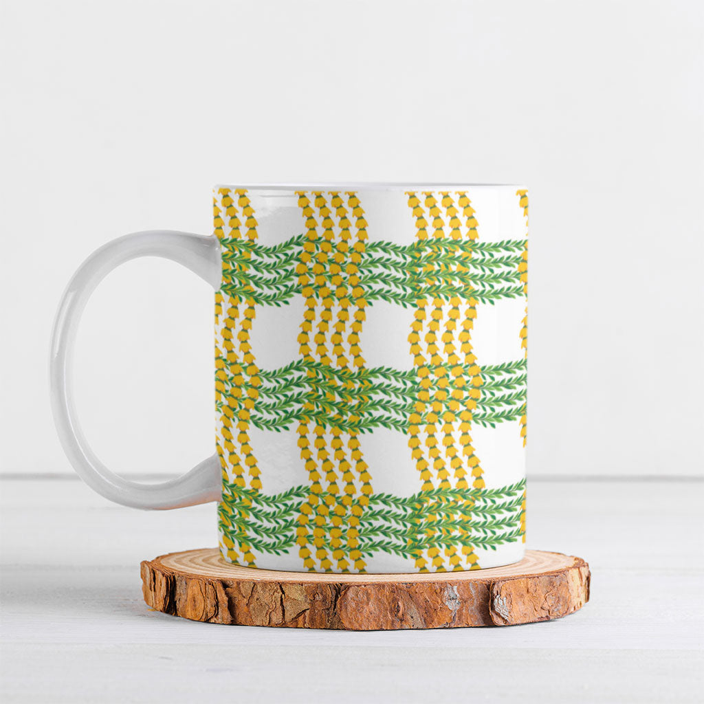 Aloha Hawaii Ilima Maile Lei Ceramic Mug Palaka Inspired Hawaiian-plaid White