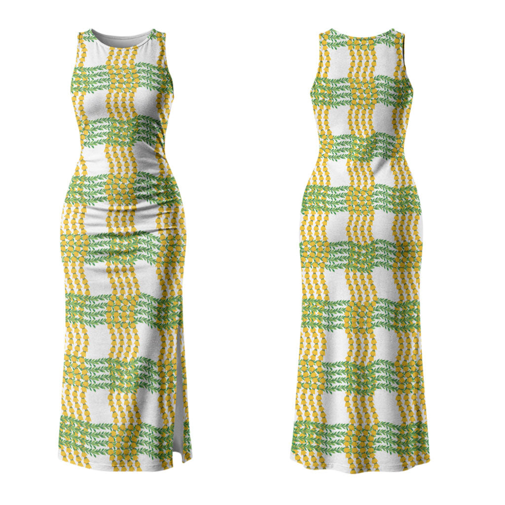 Aloha Hawaii Ilima Maile Lei Couples Matching Tank Maxi Dress and Hawaiian Shirt Palaka Inspired Hawaiian-plaid White