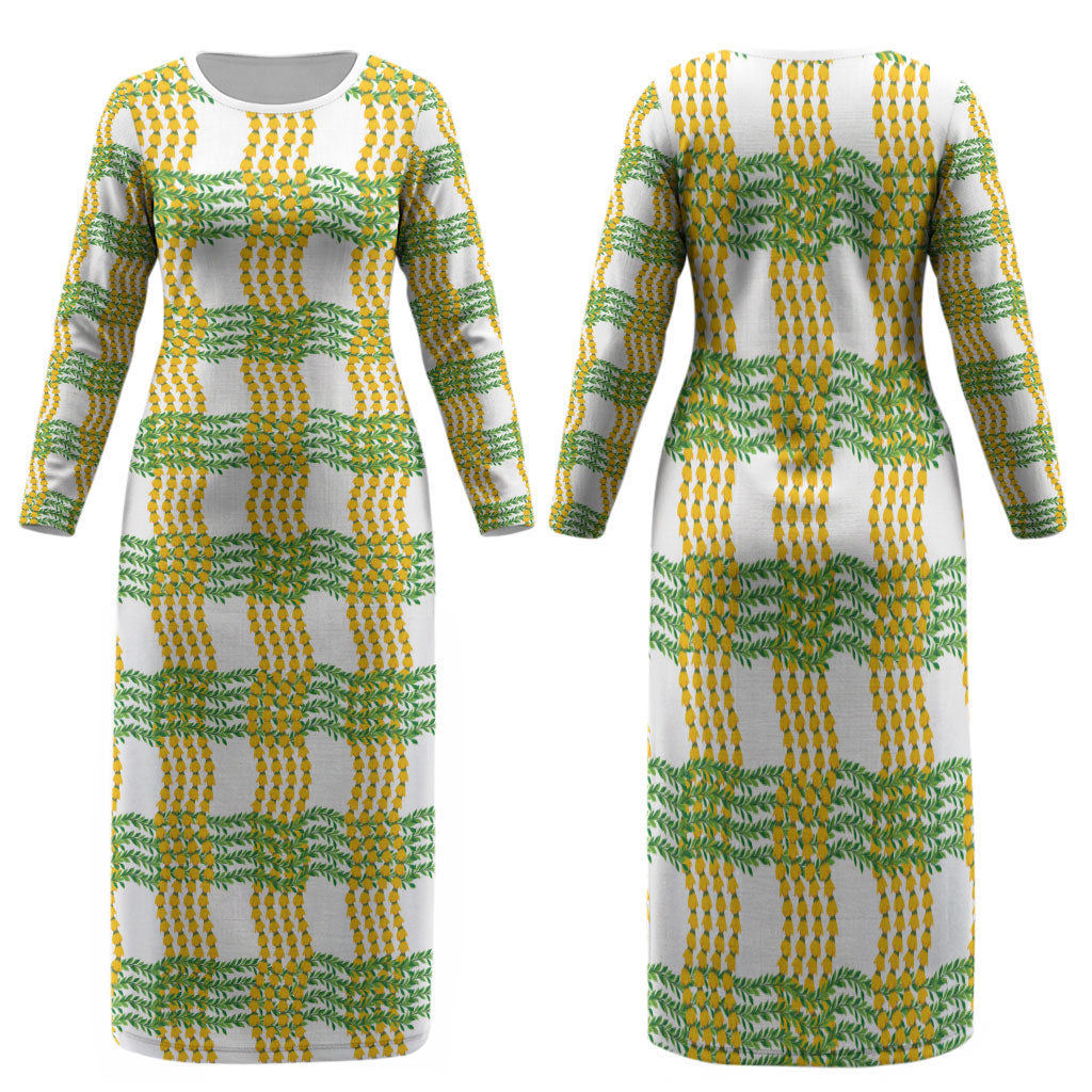 Aloha Hawaii Ilima Maile Lei Family Matching Long Sleeve Bodycon Dress and Hawaiian Shirt Palaka Inspired Hawaiian-plaid White