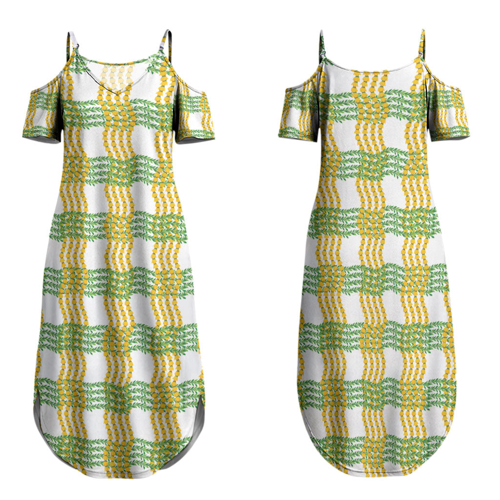 Aloha Hawaii Ilima Maile Lei Family Matching Summer Maxi Dress and Hawaiian Shirt Palaka Inspired Hawaiian-plaid White