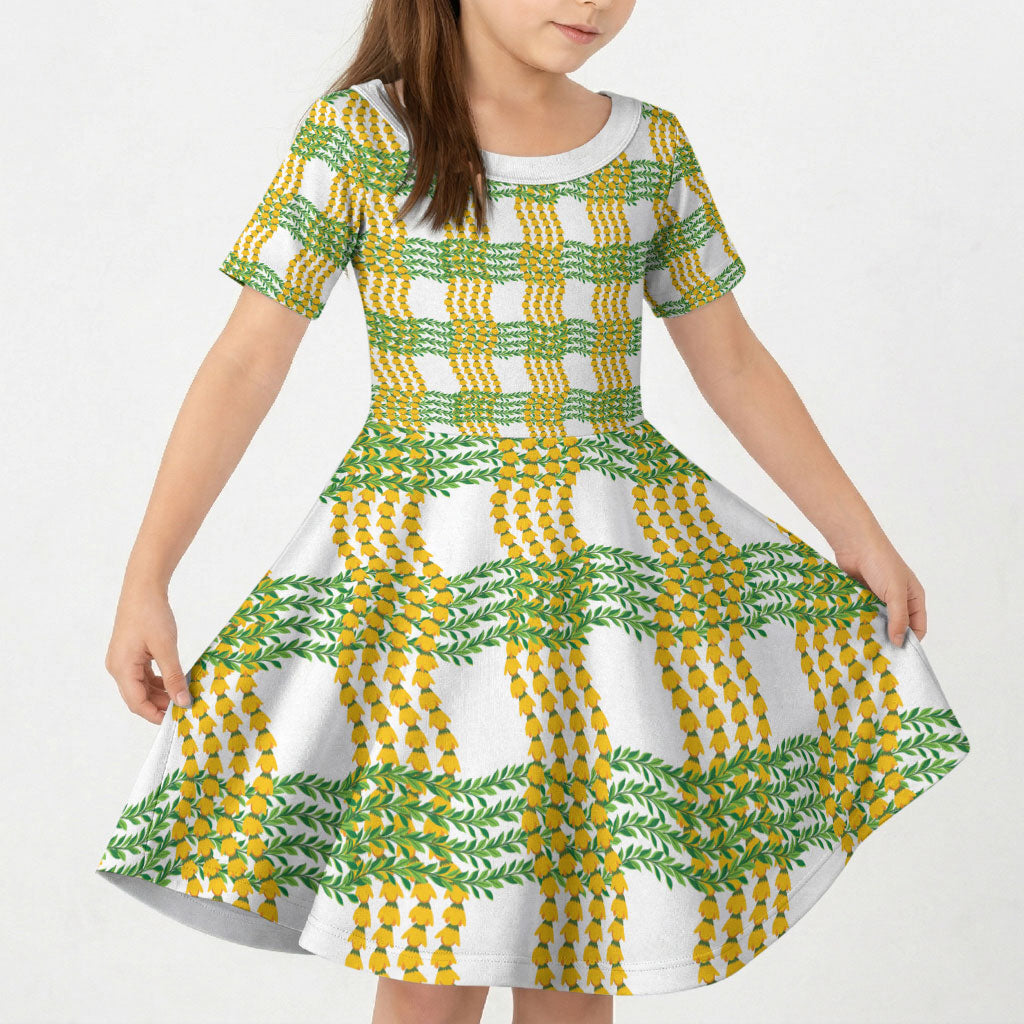 Aloha Hawaii Ilima Maile Lei Kid Short Sleeve Dress Palaka Inspired Hawaiian-plaid White LT14 KID White - Polynesian Pride