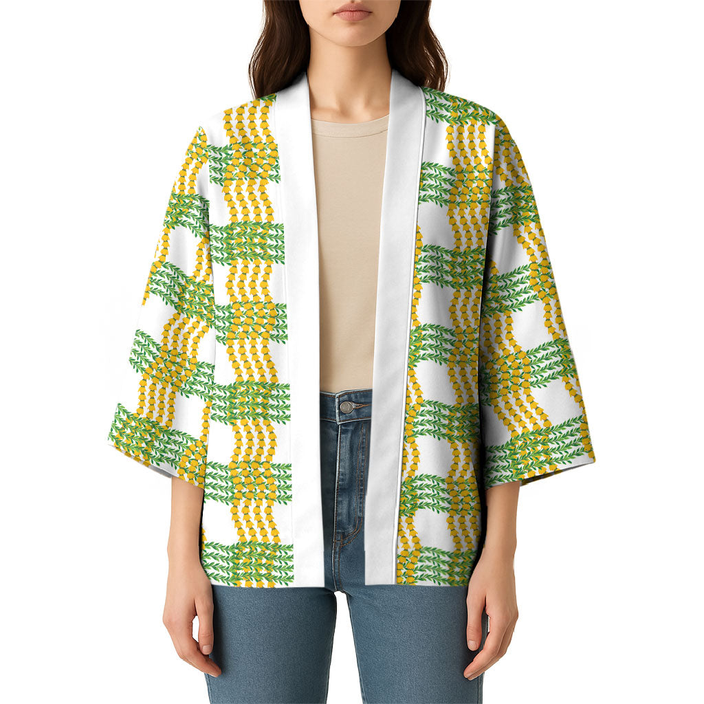 Aloha Hawaii Ilima Maile Lei Kimono Palaka Inspired Hawaiian-plaid White