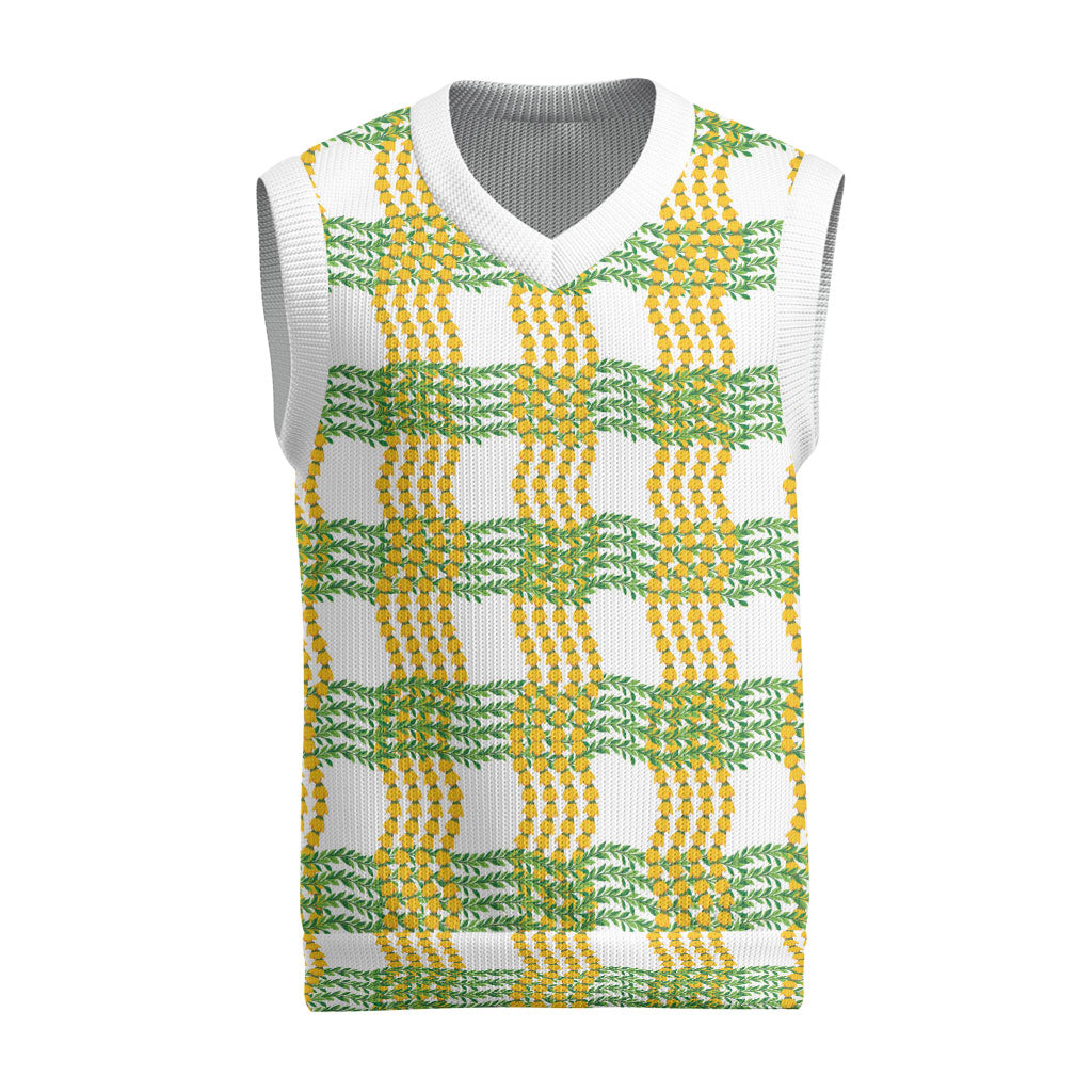 Aloha Hawaii Ilima Maile Lei Christmas Knitted V-Neck Vest Palaka Inspired Hawaiian-plaid White