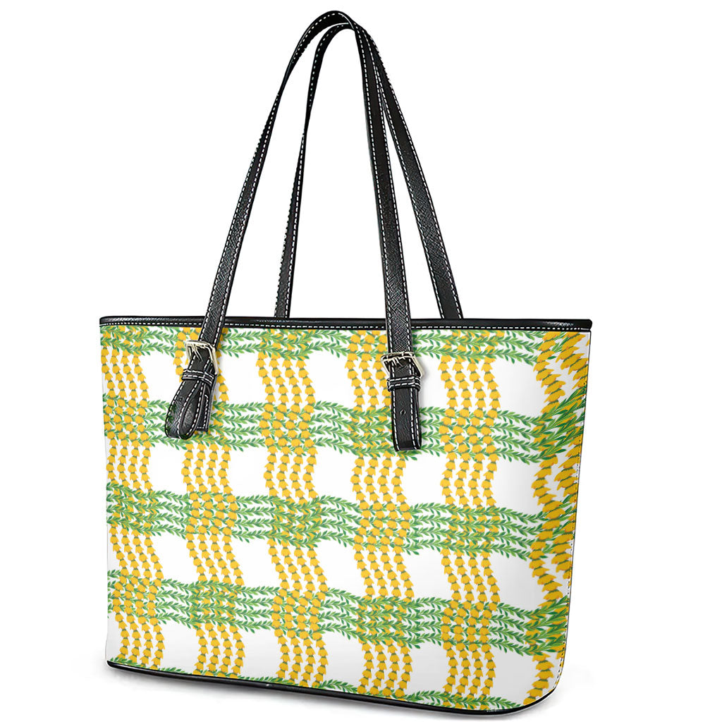 Aloha Hawaii Ilima Maile Lei Leather Tote Bag Palaka Inspired Hawaiian-plaid White