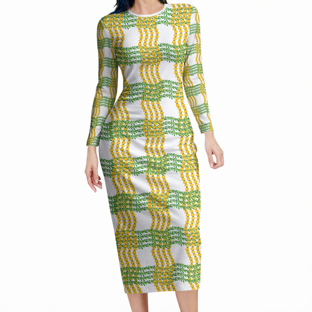 Aloha Hawaii Ilima Maile Lei Long Sleeve Bodycon Dress Palaka Inspired Hawaiian-plaid White LT14 Long Dress White - Polynesian Pride