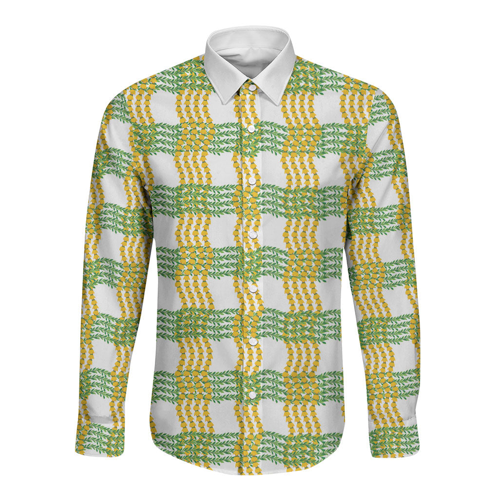 Aloha Hawaii Ilima Maile Lei Long Sleeve Button Shirt Palaka Inspired Hawaiian-plaid White LT14 Unisex White - Polynesian Pride