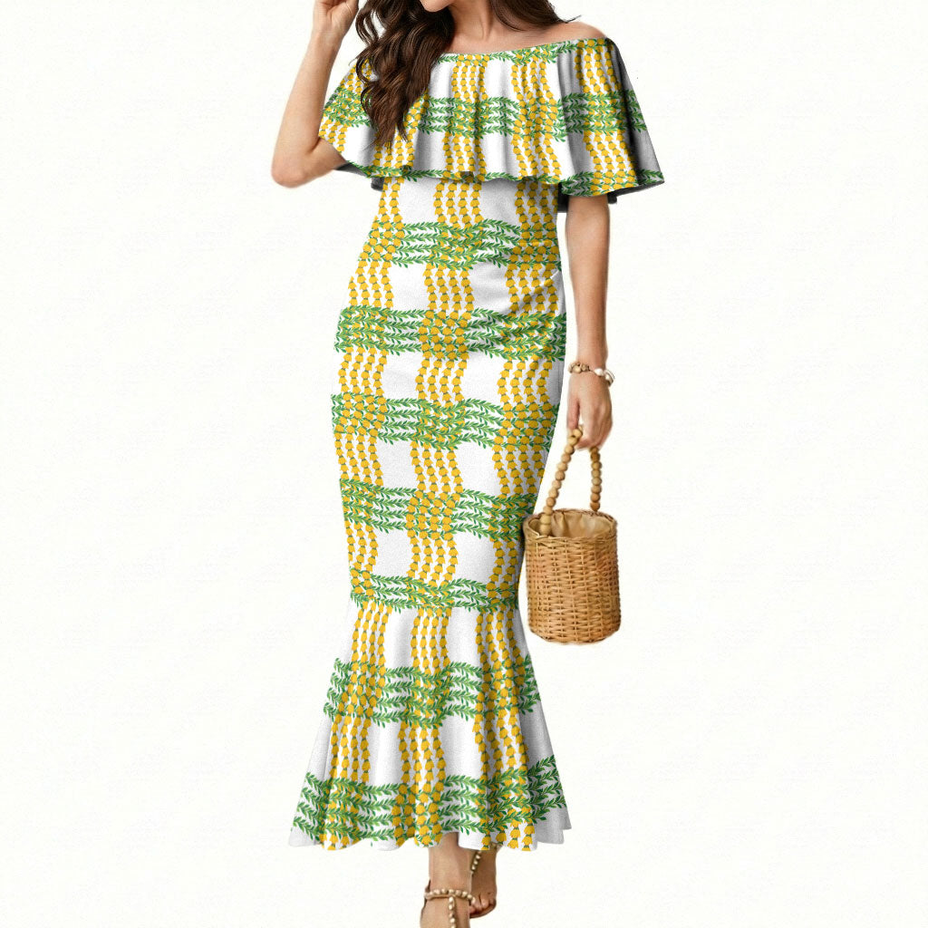 Aloha Hawaii Ilima Maile Lei Mermaid Dress Palaka Inspired Hawaiian-plaid White LT14 Women White - Polynesian Pride