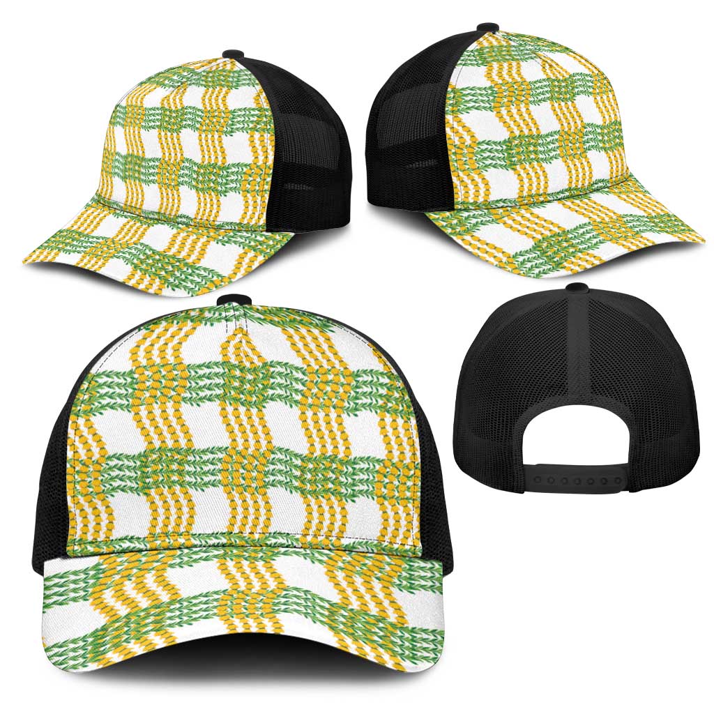 Aloha Hawaii Ilima Maile Lei Mesh Trucker Cap Palaka Inspired Hawaiian-plaid White