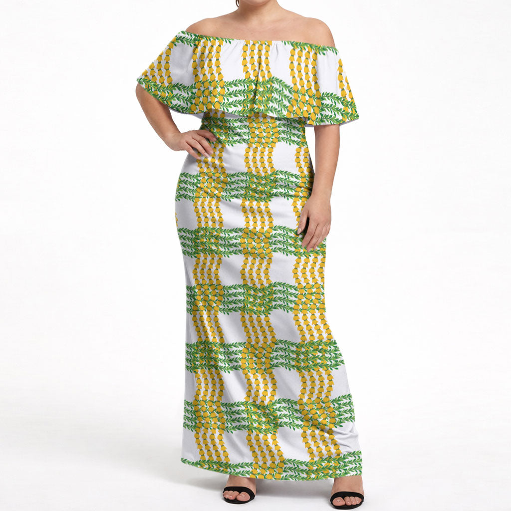 Aloha Hawaii Ilima Maile Lei Off Shoulder Maxi Dress Palaka Inspired Hawaiian-plaid White LT14 Women White - Polynesian Pride