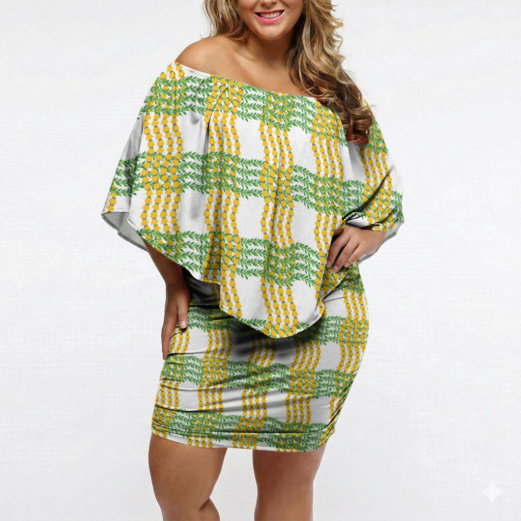 Aloha Hawaii Ilima Maile Lei Off Shoulder Short Dress Palaka Inspired Hawaiian-plaid White LT14 Women White - Polynesian Pride