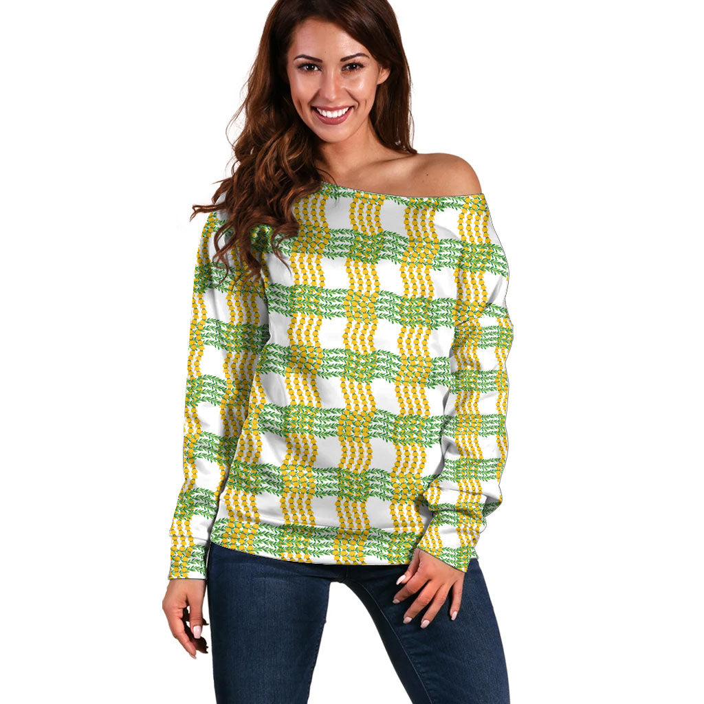 Aloha Hawaii Ilima Maile Lei Off Shoulder Sweater Palaka Inspired Hawaiian-plaid White LT14 Women White - Polynesian Pride