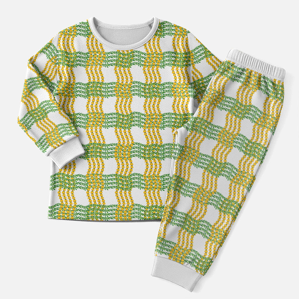 Aloha Hawaii Ilima Maile Lei Christmas Pajama Set Palaka Inspired Hawaiian-plaid White