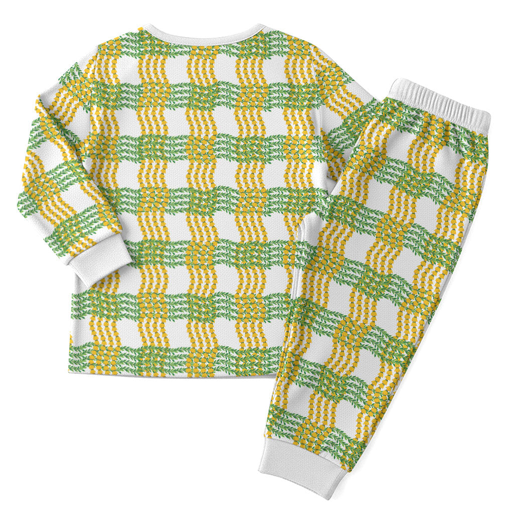 Aloha Hawaii Ilima Maile Lei Christmas Pajama Set Palaka Inspired Hawaiian-plaid White