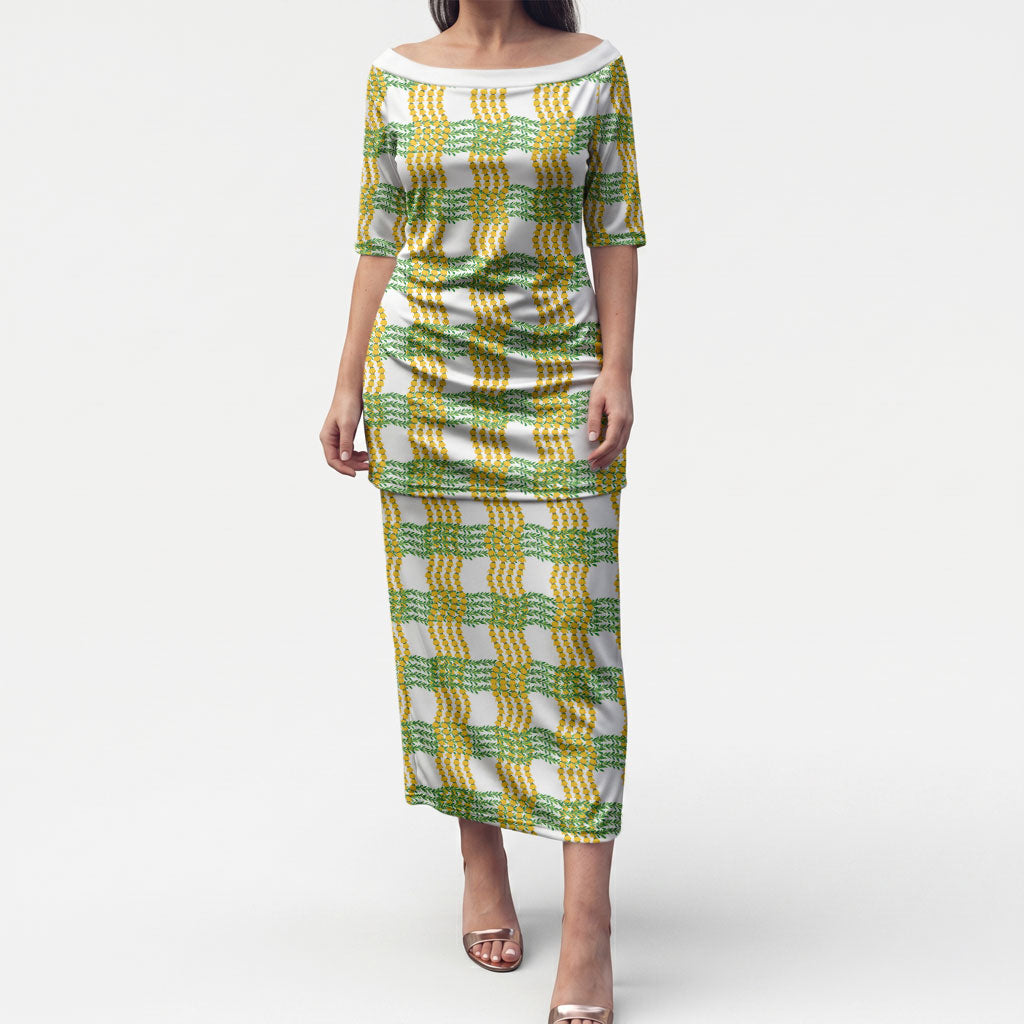 Aloha Hawaii Ilima Maile Lei Puletasi Palaka Inspired Hawaiian-plaid White LT14 Long Dress White - Polynesian Pride