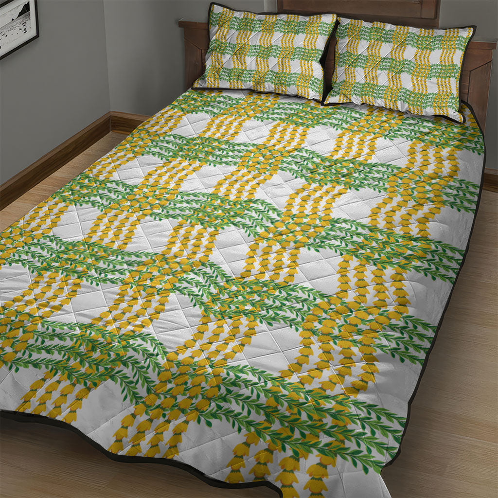 Aloha Hawaii Ilima Maile Lei Quilt Bed Set Palaka Inspired Hawaiian-plaid White